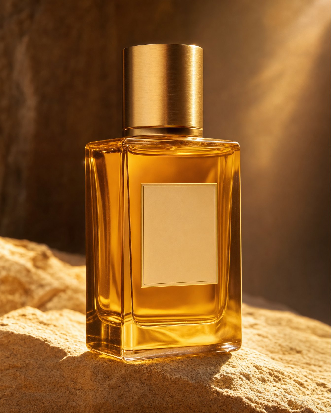 Amber Voyage eau de parfum in a honey-toned glass bottle with a gold collar