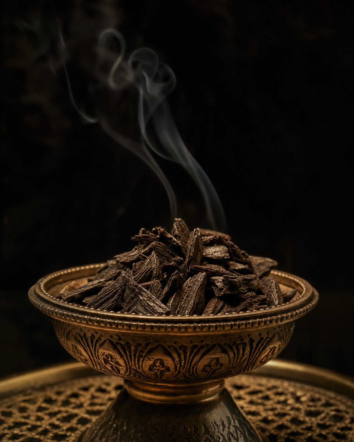 Oud Bakhoor chips smouldering in a brass burner with smoke rising