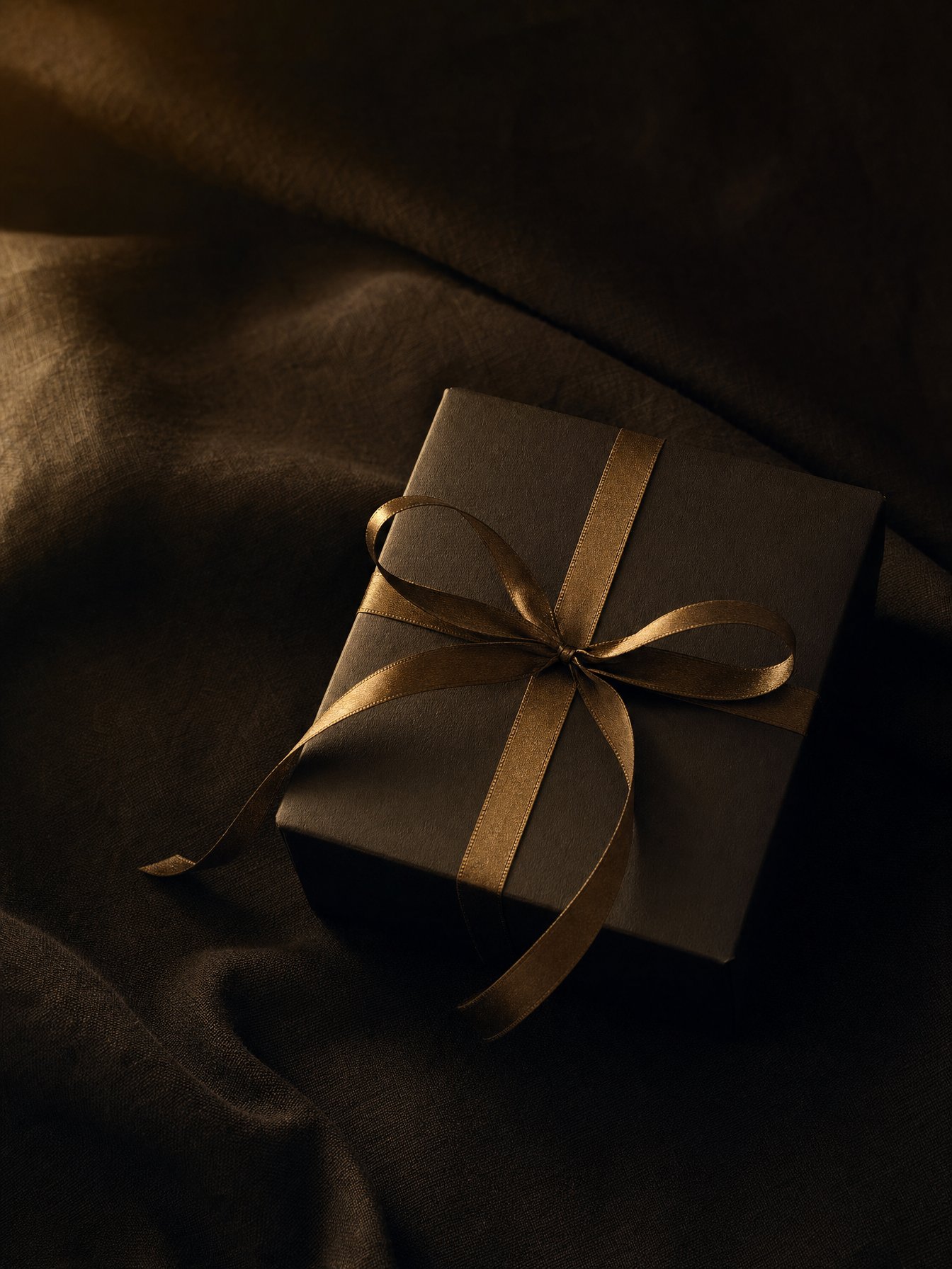 Gift Sets — a dark gift box tied with gold ribbon holding fragrance bottles