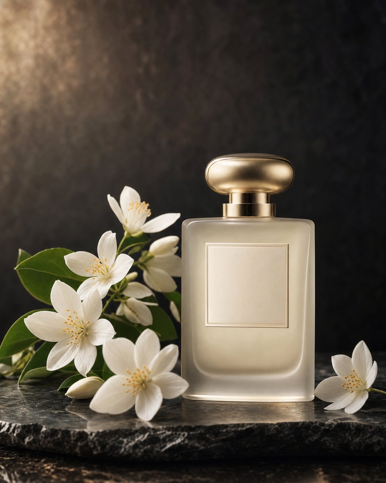Jasmine Elegance eau de parfum in a pale glass bottle beside jasmine blossom