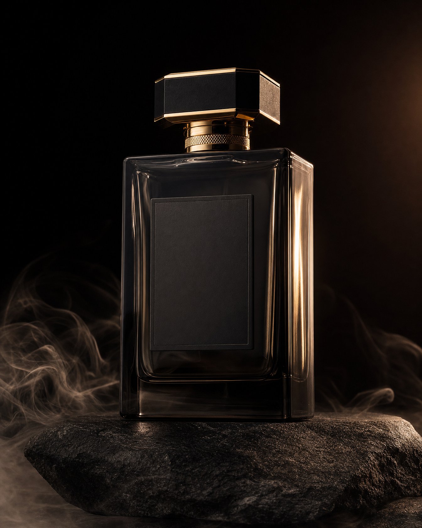 Oud Intense eau de parfum in a dark faceted glass bottle with a gold cap