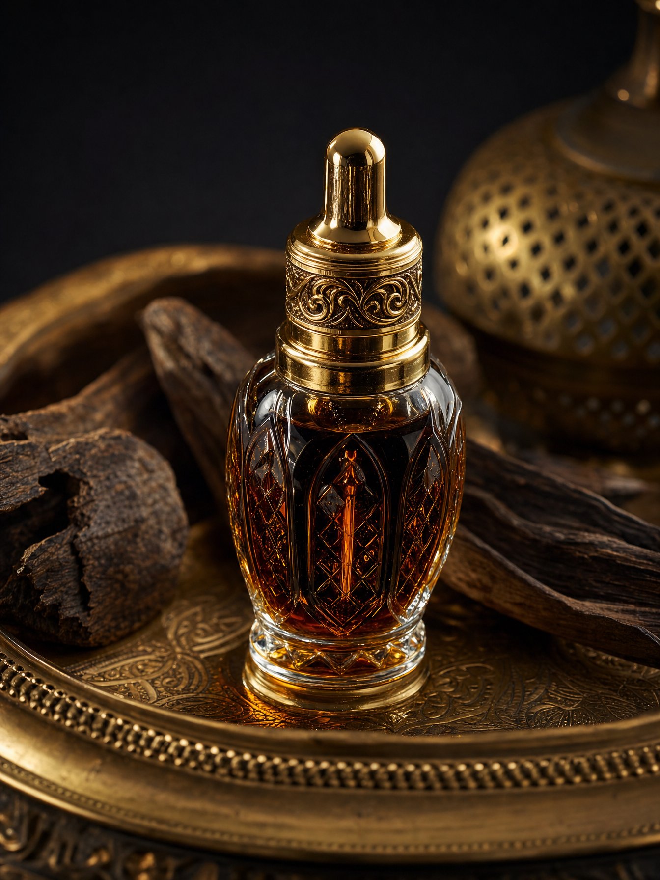 Oud Oils — a row of dehnul oud vials arranged on dark wood