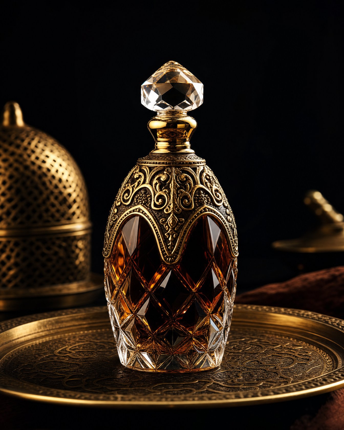 Dehnul Oud Al Malaki oud oil in a small dark vial with a gold applicator cap